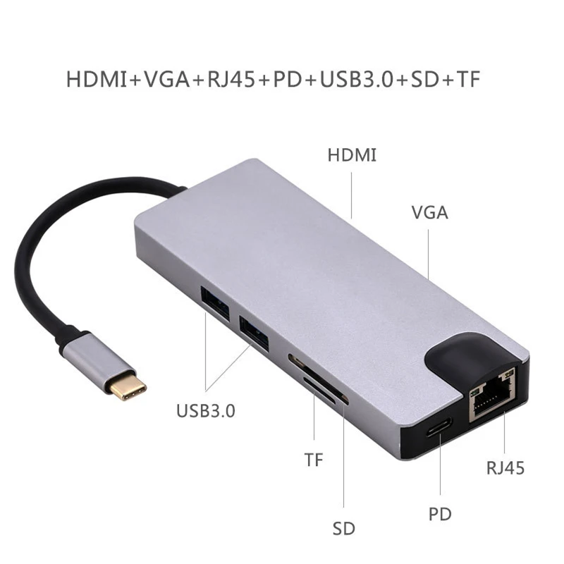 Trumsoon Type-C to HDMI USB3.0 VGA Hub Adapter SD TF Card Reader RJ45 Type-C Charging for MacBook Samsung S8 Huawei P20 matebook Trumsoon Type-C to HDMI USB3.0 VGA Hub Adapter SD TF Card Reader RJ45 Type-C Charging for MacBook Samsung S8 Huawei P20 matebook