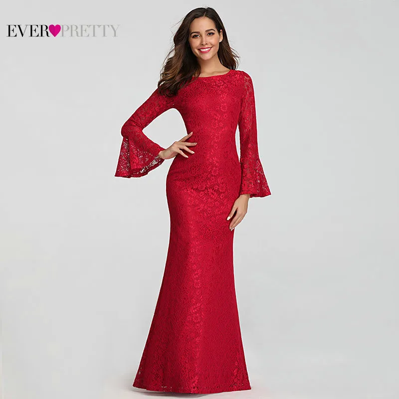 

Plus Size Ever Pretty Long Prom Dresses Lace Elegant Full Red Long Sleeve Cheap Formal Party Gowns EZ07798 2019 Robe De Soiree