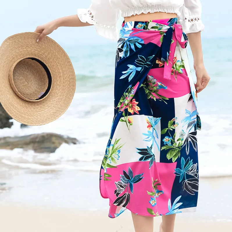 Лето г. одна деталь кружево до обтягивающая юбка Дамская шифоновая юбка с разрезом для женщин флористическая накидка женщин's разделение Пляж Boho Jupe