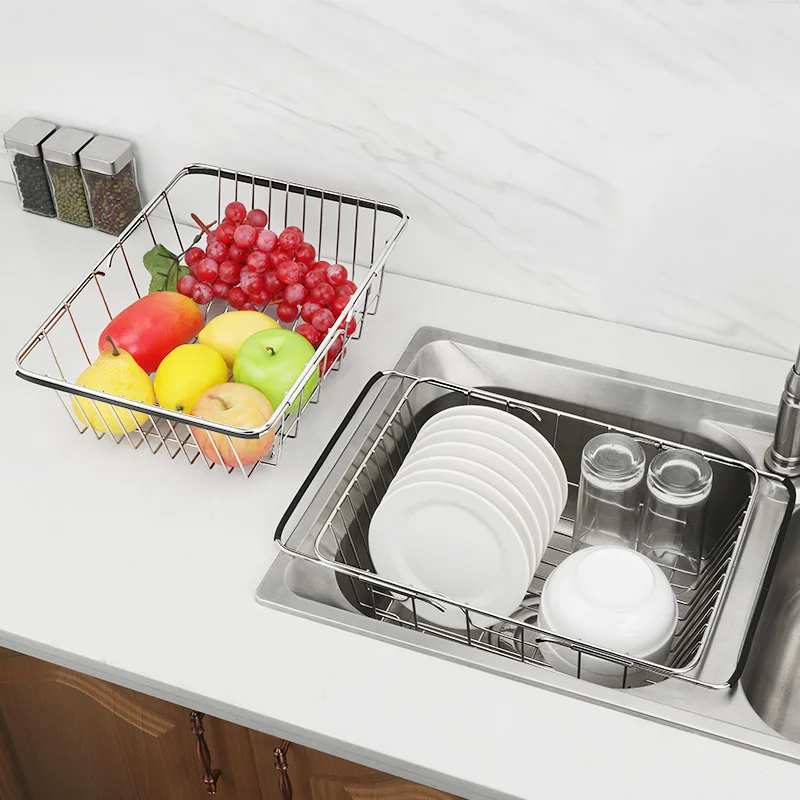

Stainless Steel Retractable Leak basin Sink Dish Drain Rack For Kitchen Vegetable And Fruit Cleaning Drain Basket