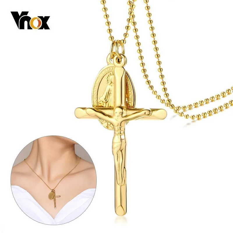 

Vnox Vierge Marie Coin Necklaces For Women Jesus Cross Pendants Gold Color Stainless Steel Crucifix Prayer Collier