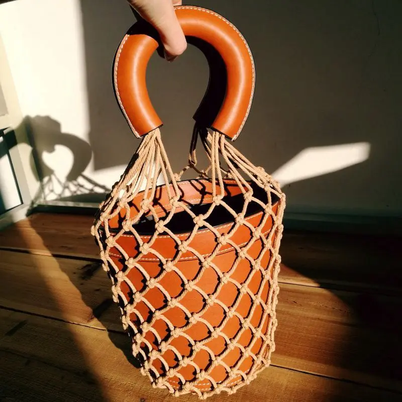 

Korean Japanese Popular Hollow Net Bags Chic Women Bucket Tote Bag Barrel Shaped Lady Vintage Handbags Leather Composite Bag