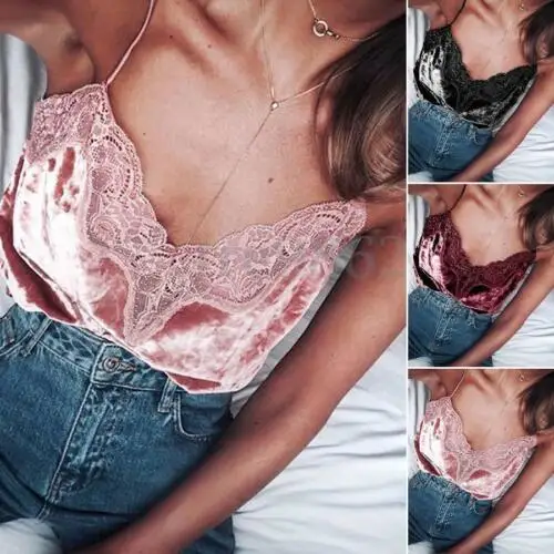 

Sexy Womens V-neck Vest Sleeveless Lace Velvet Shirt Blouse Casual Tank Tops