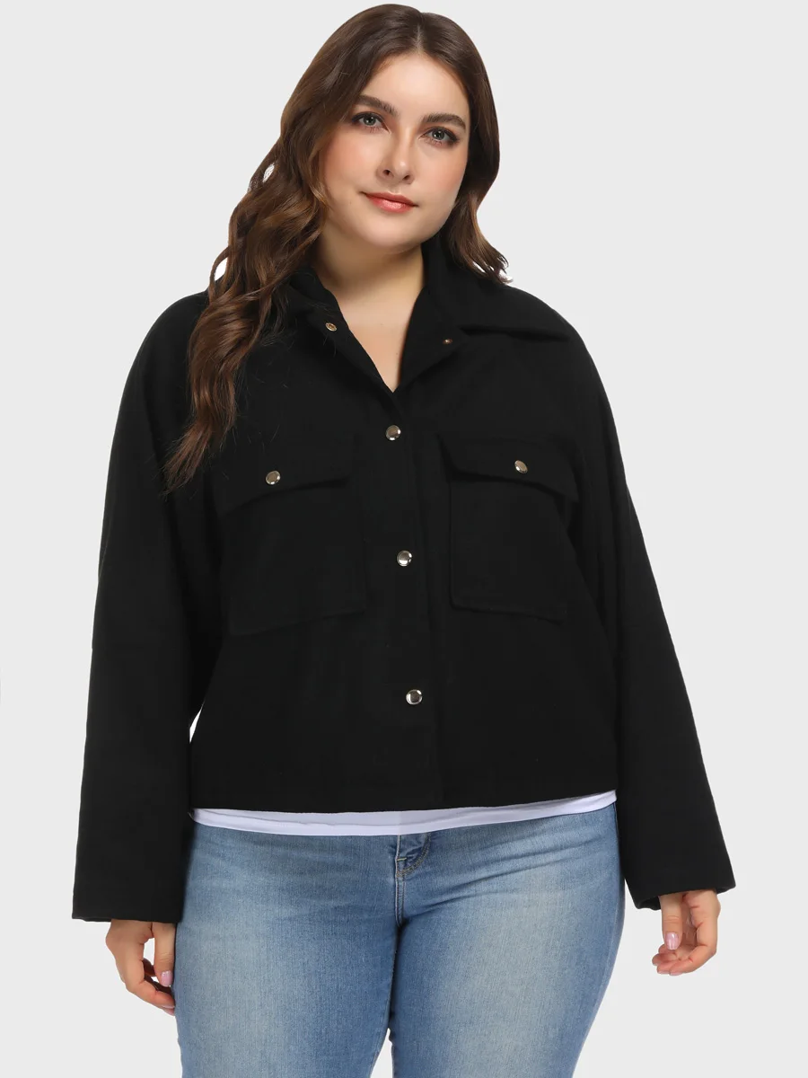 Bouton Grande Recadrée Black Laine Taille Femmes Revers Patte Manteau Col Mélanges À 5vYnxSO