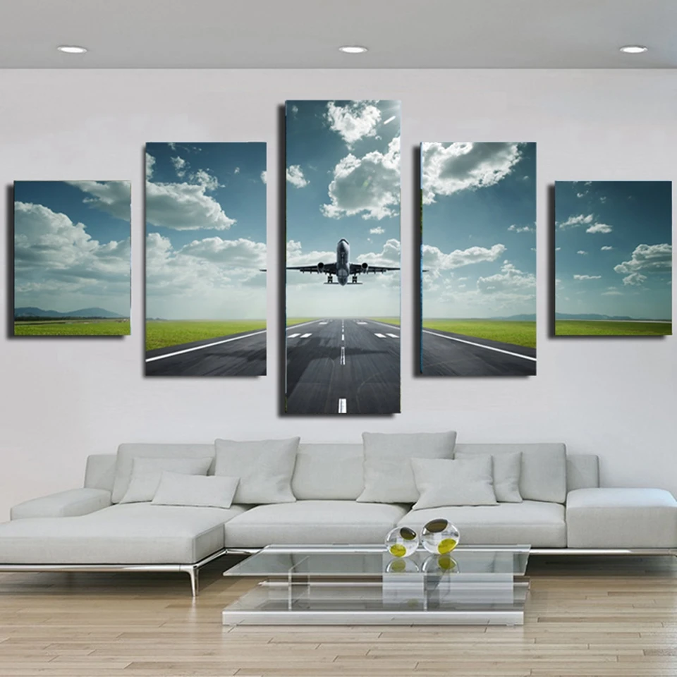 

Vintage Home Decor Paintings On Canvas 5 Pieces Ground Take Off Airplane Framework Pictures Posters And Prints On The Wall