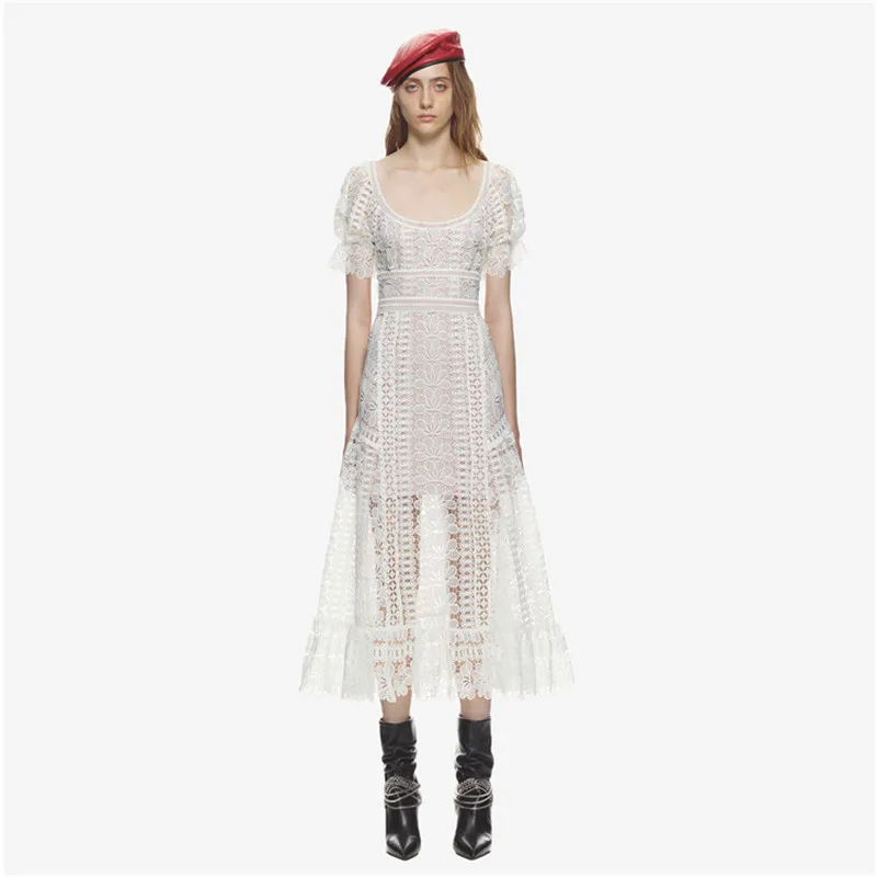 

BOHO Elegant White Lace Long Dress Women Spring Sexy Hollow Out Floral Pattern See Through 2019 Party Beach A line Dress Clothes