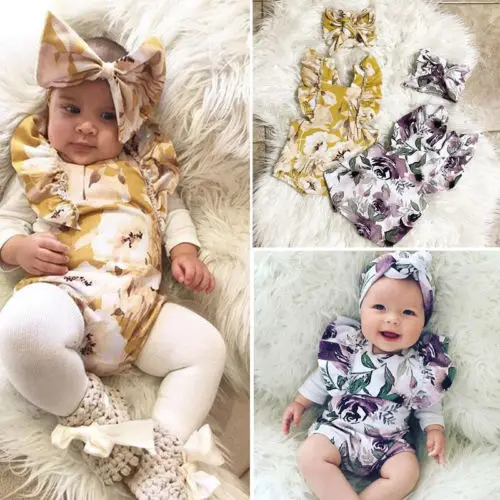 UK Newborn Baby Girls Clothes Floral Print Romper+Headbands Set Kids Girl Outfit |