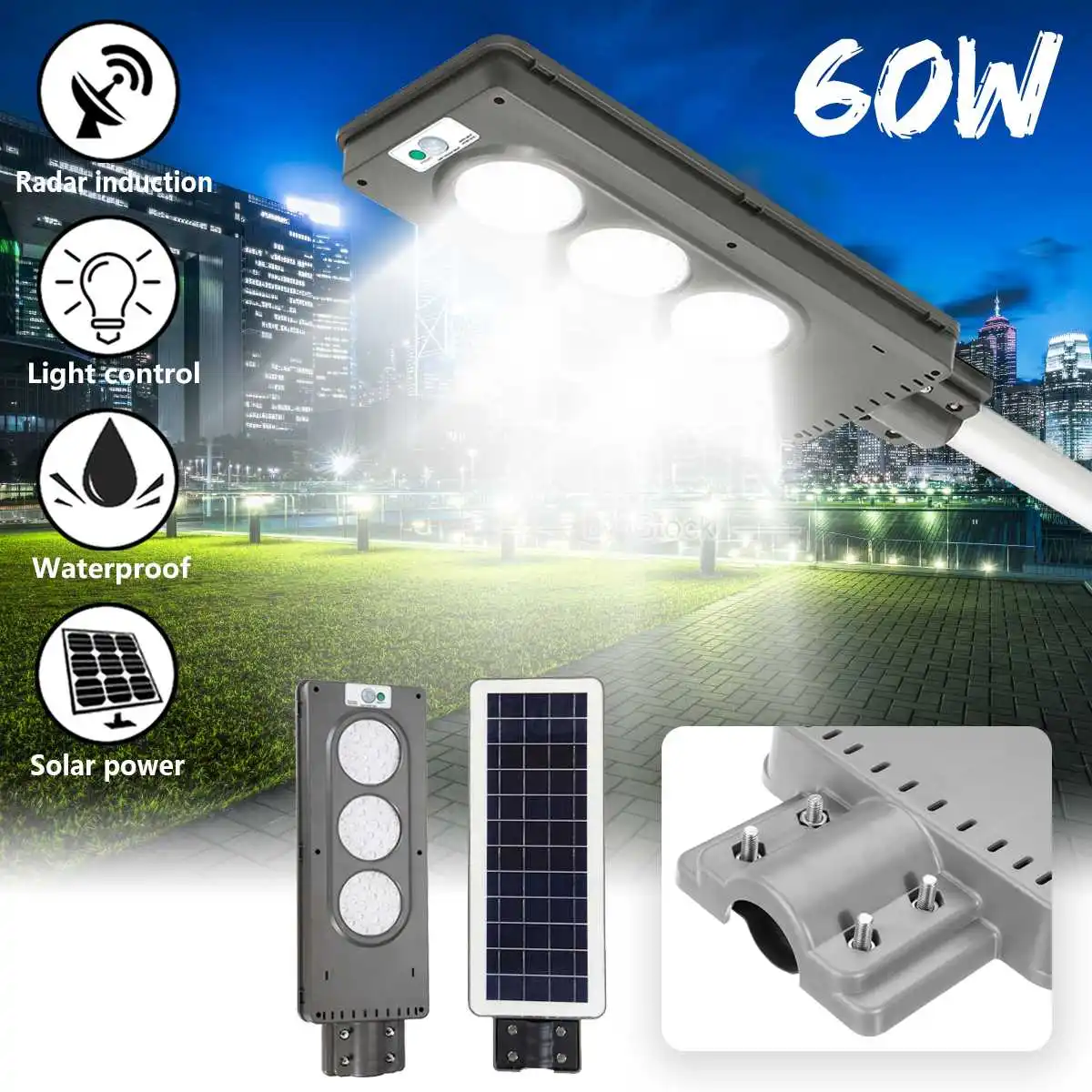 

60W Solar Street LED Light PIR Motion Sensor Radar Induction Wall Road Lamp Aluminum Alloy IP65 Waterproof Energy Saving