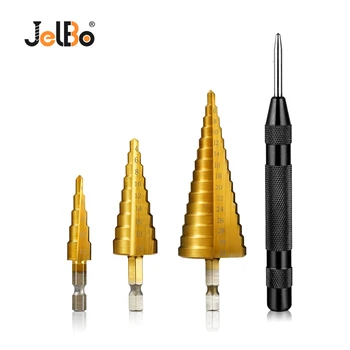 

JelBo Step Drill Bit and Automatic Centre Punch HSS Steel Titanium Woodworking Core Drill Bits for Metal Drilling Hole Cutter