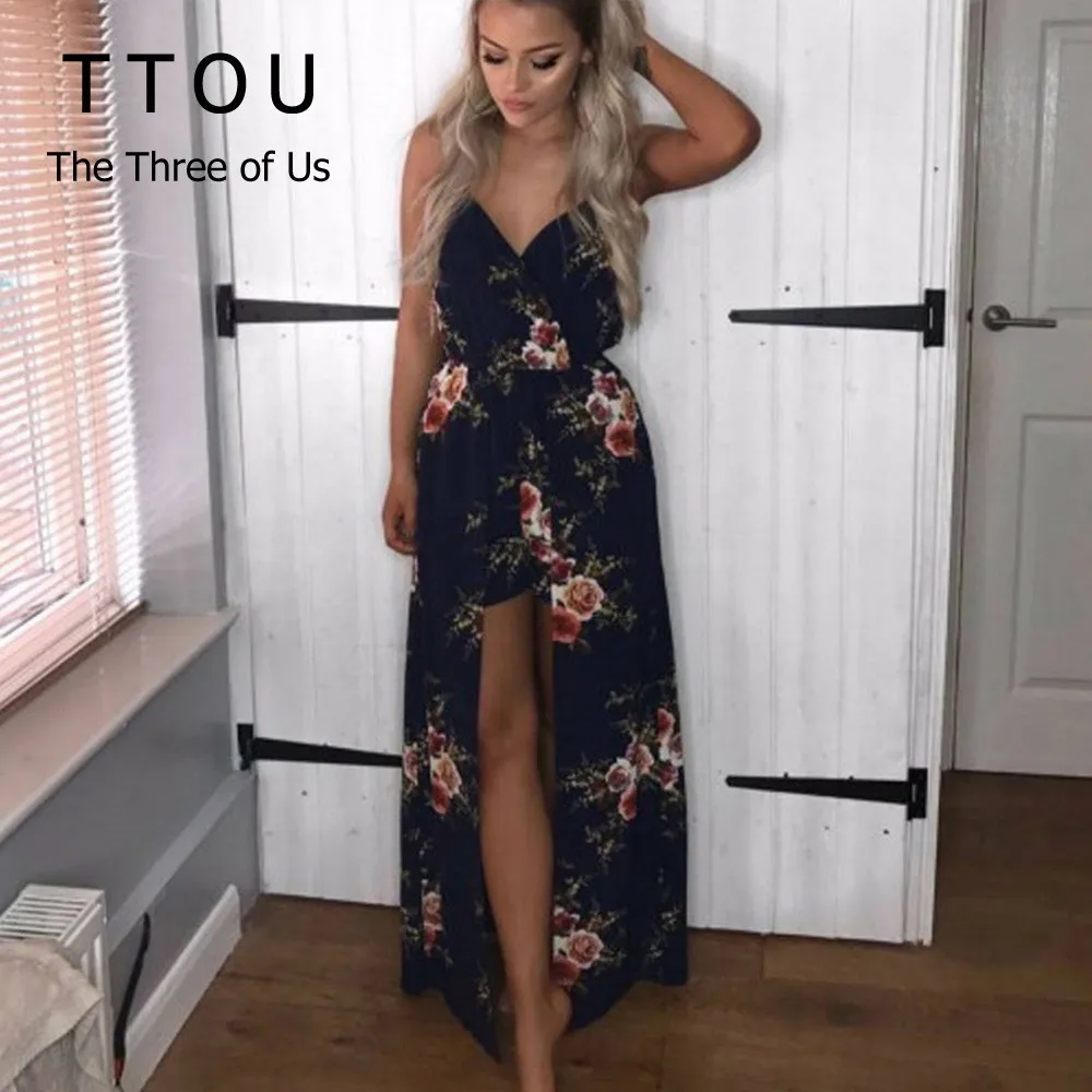 

TTOU Casual Women Long Dress Jumpsuit Overalls Fashion Sexy Spaghetti V-neck Dress Floral Print High Waist Dress Summer Romper
