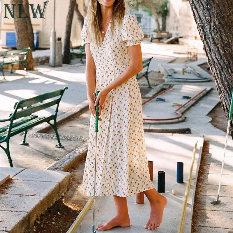 

NLW Vintage Floral Print Long Dress Women 2019 Summer Sexy V Neck High Waist Wrap Midi Dress Female Casual Holiday Mid Vestidos