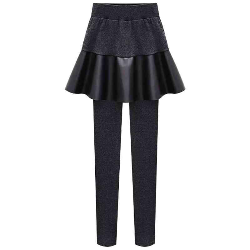 Winter Women Plus Size Fake Two Pieces Pu Skirt Pencil Pants Solid Velvet Elastic Waist Thick Fleece Keep Warm Trousers