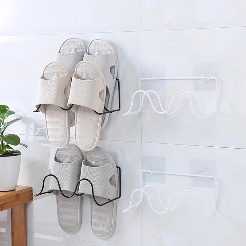 

Double Layer Shoes Rack Wall Mount Slippers Hanging Shelf Slipper Storage Organizer with Non-trace Stick