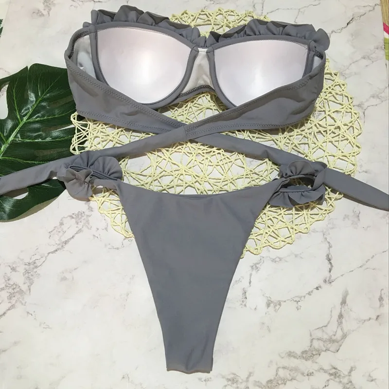 Conjunto de Bikini Push Up acolchado con aros de flores y volantes traje de baño para mujer Sexy sólido Bandeau traje de baño femenino 2018 verano Biquini