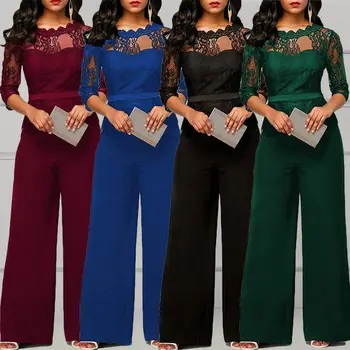 

2018 Women Summer Lace Hollow Out Playsuit OL Party Evening Jumpsuit Romper Long Wide Leg Pants S-2XL
