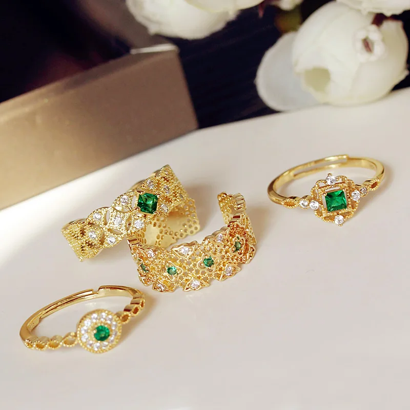 

Fashion Vintage Exotic Hollow carved Green Stone Open Thin Rings AAA+ Cubic Zirconia Pave Women Cute Jewelry For Girl Sweet