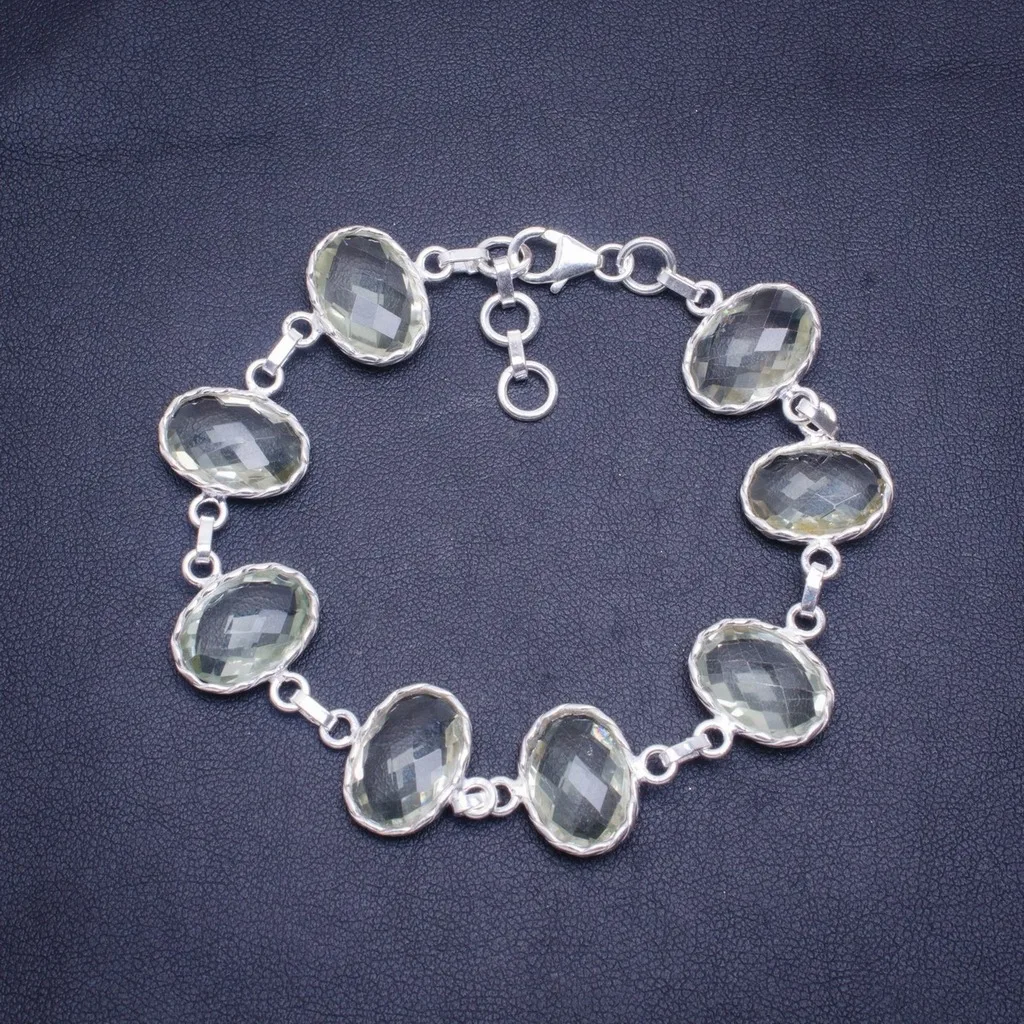 

Natural Green Amrthyst Handmade Unique 925 Sterling Silver Bracelet 7.5-8.5" A3055