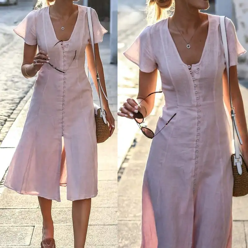 

Celmia Dress Women Short Sleeve Sexy V Neck Split Ruffles Long Shirt Dresses 2019 Summer Female Button Party Vestidos S-5XL