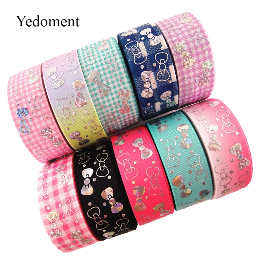 

18052102, 1" 25mm 10 yards laser silver cute bowknot printed grosgrain ribbons gift packaging DIY handmade materials