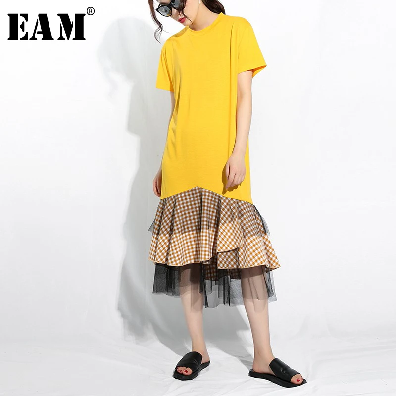 

[EAM] 2019 New Spring Summer Round Neck Short Sleeve Yellow Hem Plaid Mesh Irregular Split Joint Dress Women Fashion Tide JR5700