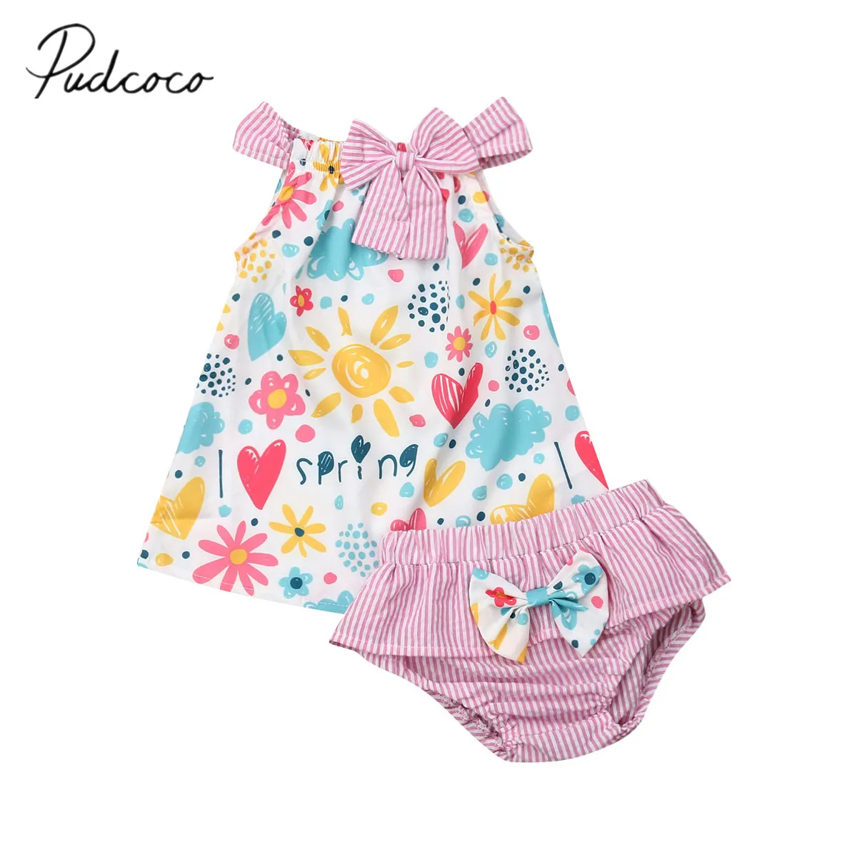

2019 Brand New Infant Summer 2Pcs Clothes Newborn Toddler Baby Girls Floral Outfits Cotton Tops Dress+ PP Striped Shorts Sets