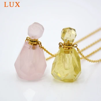 

Natural Gems faceted stone Genuine Rose Quartzs citrines Perfume Bottle Essential Oils Diffuser Pendant Crown Chakra Necklace