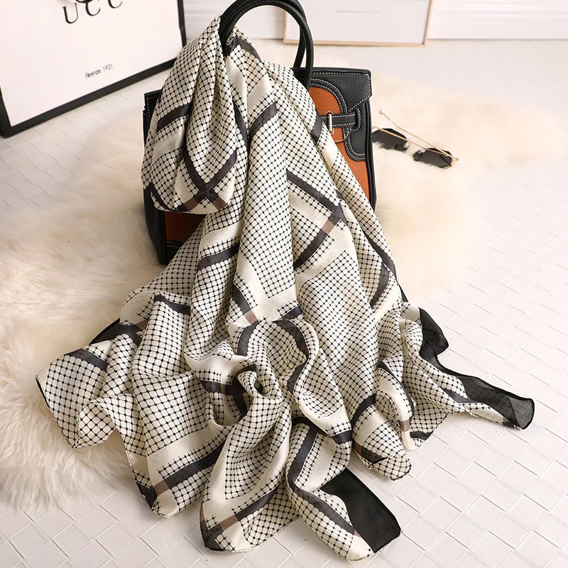 

Luxury Silk Scarf Women Brand Plaid Shawls and Scarves Female Tartan Foulard Hijab Ladies Pashmina Seda Summer Beach-ups New