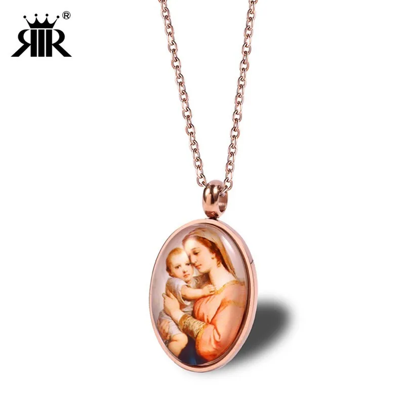 

RIR Gold Oval Shape Pendant Necklace Stainless Steel Religious Jewelry Lady Of Guadalupe And Jesus Necklaces For Women