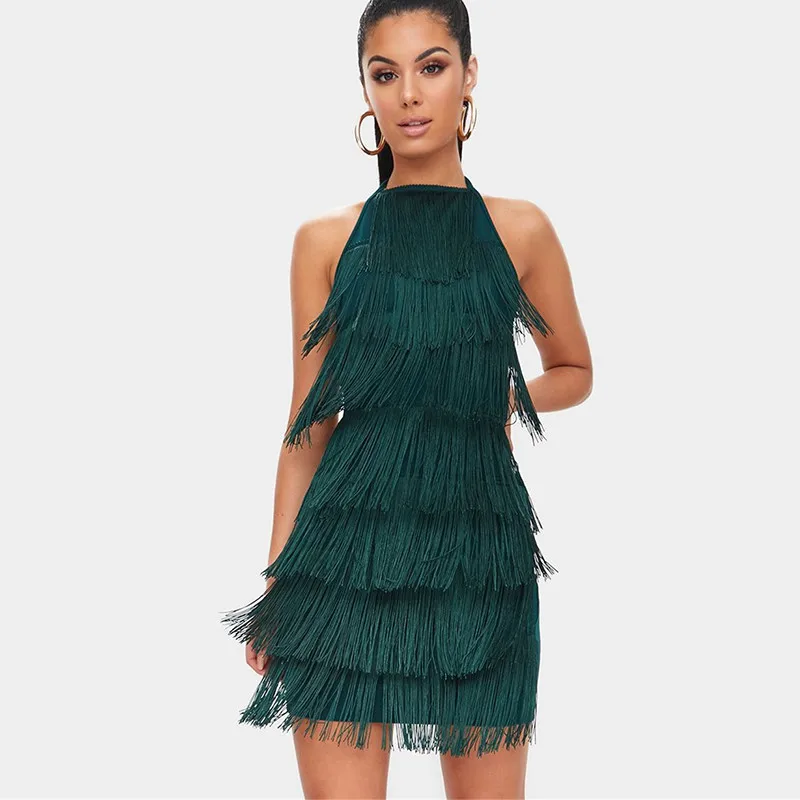 

Black Sexy Solid Black Sleeveless Tassel Slim Women Dress 2018 Halter Neck Party Club Wear Backless Elegant Bandage Mini Dress