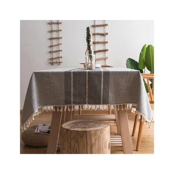 

Stitching Tassel Tablecloth Heavy Weight Cotton Linen Fabric Dust-Proof Table Cover Kitchen Dinning Tabletop Decoration