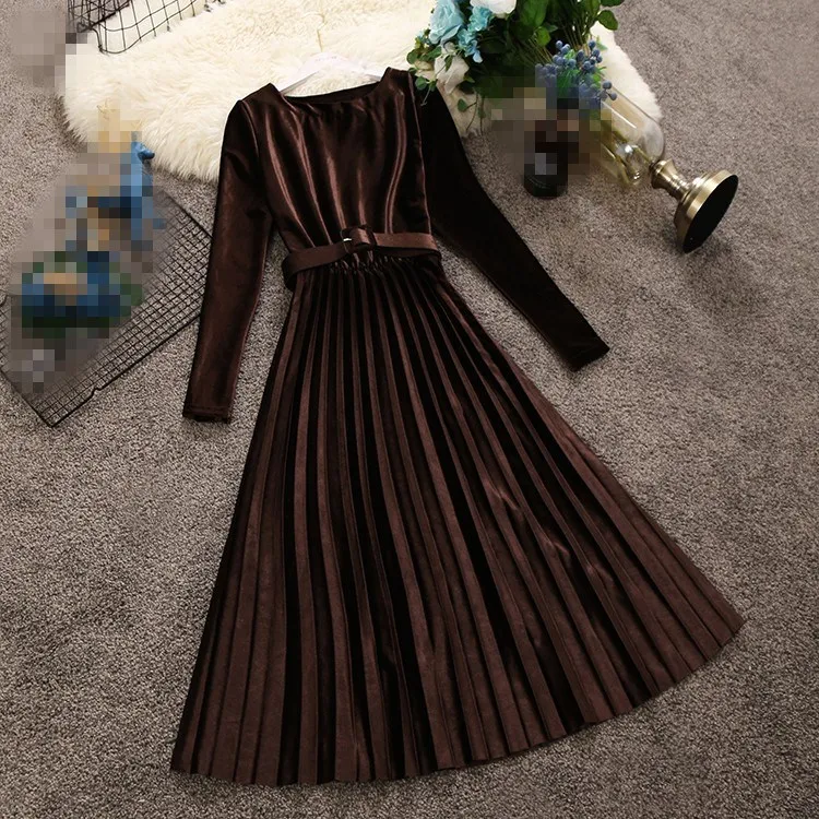 

2018 Autumn Winter Women Long Sleeve Sashes Mid Velvet Dress Elegant O-Neck Empire Pleated Dress Waist A-line Dresses