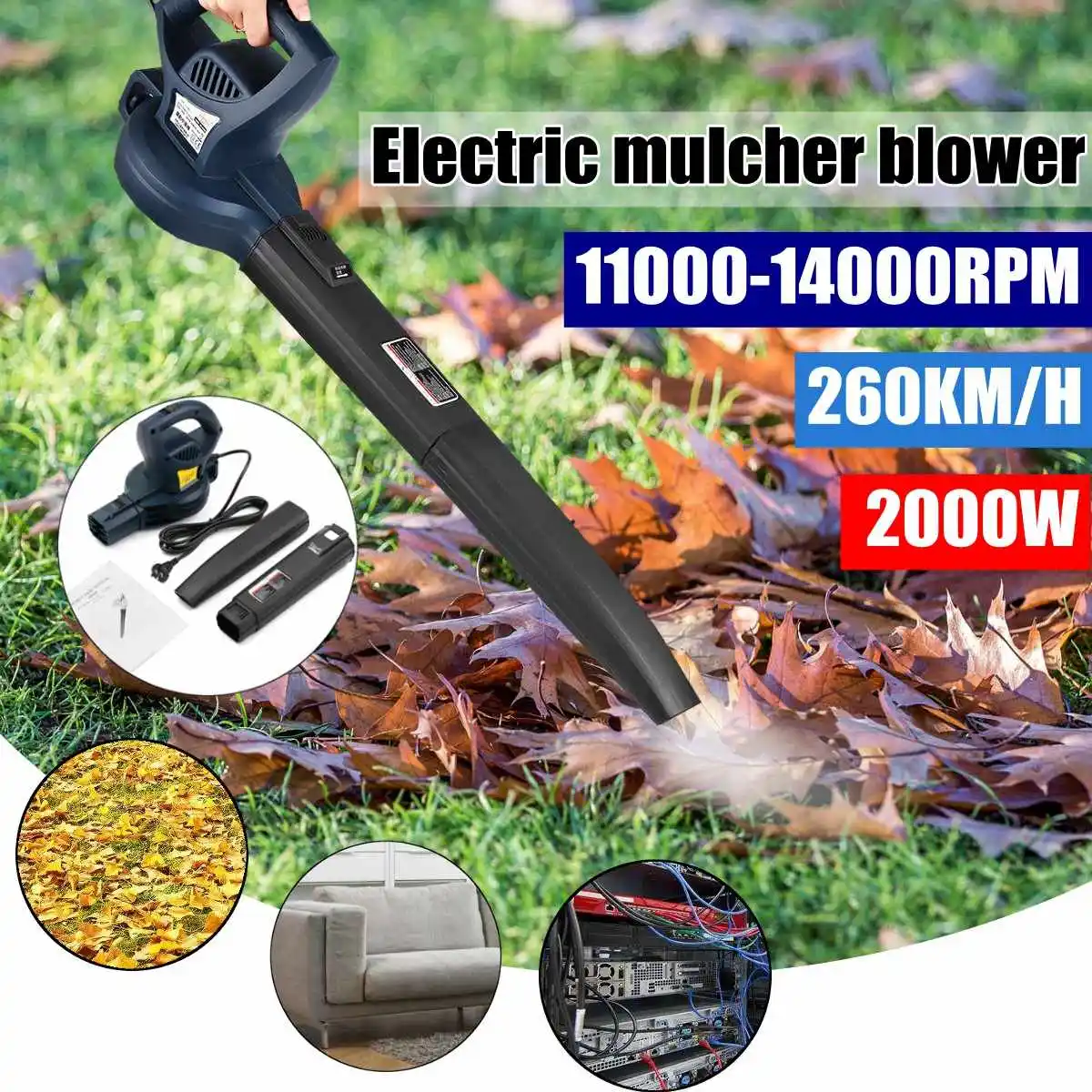 

2000W 11000-14000rpm 260km/h Electric Portable Electric Blower Air Blower Air Blowing Machine Dust Leaf Air Blower