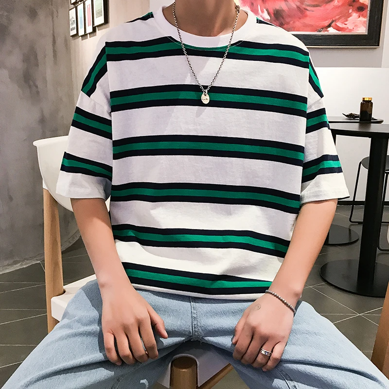 

Summer New T Shirt Men Fashion Striped Casual Short-sleeved Tshirt Man Streetwear Hip-hop Loose T-shirt Trend Wild Male Tops