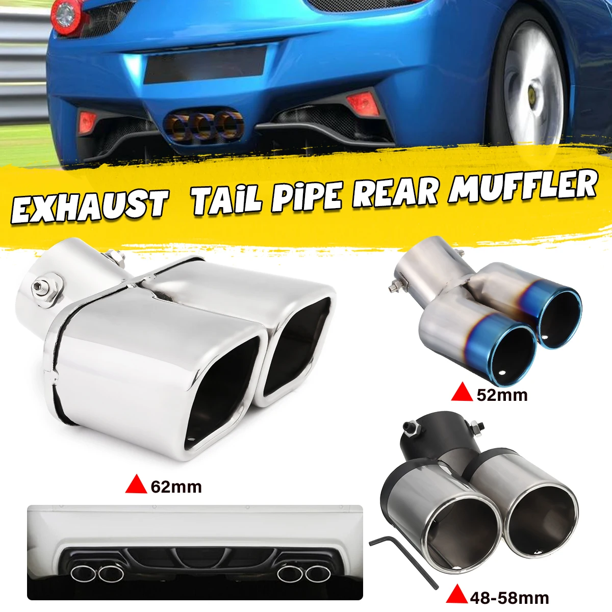 Double Universal Car Twin Double Exhaust Tip Muffler Trim End Pipe Chrome Tail Double Universal Car Twin Double Exhaust Tip Muffler Trim End Pipe Chrome Tail