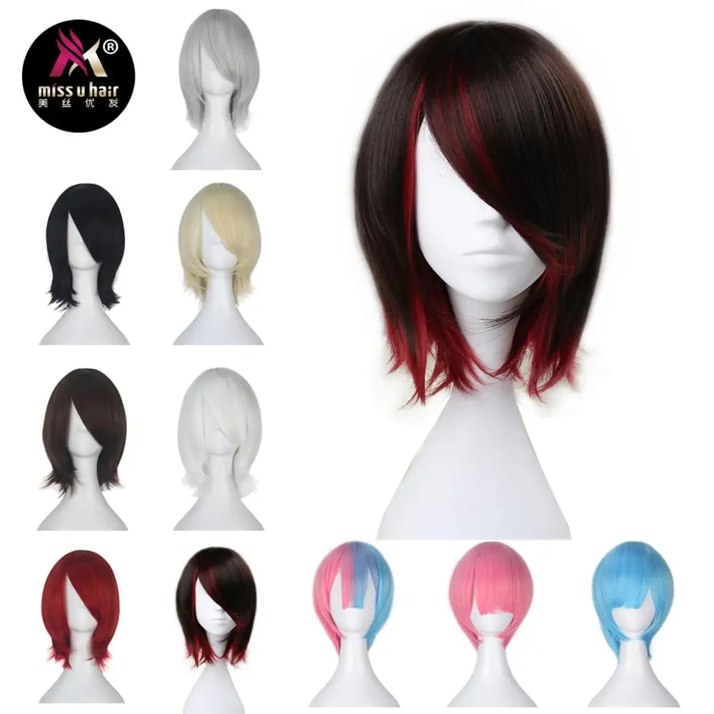 

Miss U Hair Synthetic Short Straight Black Brown and Red Purple Black White Blond Halloween role play Cosplay Costume Wigs