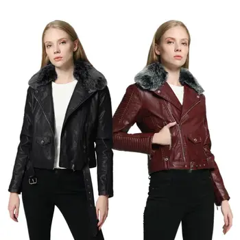

2018 Autumn Winter Women's New Motorcycle Pu Leather Short Girls Slim Fit Leather Jacket Faux fur Collar Women Ladies Clothing