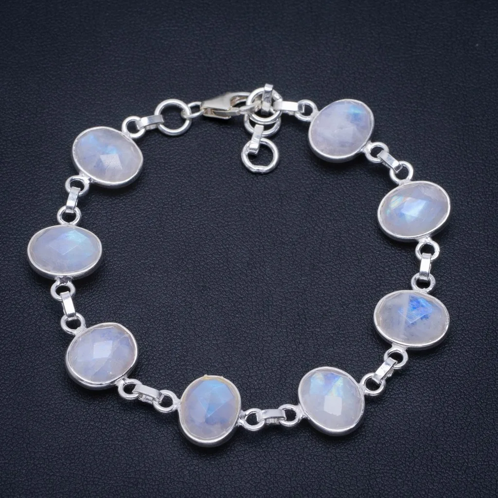 

Natural Rainbow Moonstone Handmade Unique 925 Sterling Silver Bracelet 7-7.75" A2795