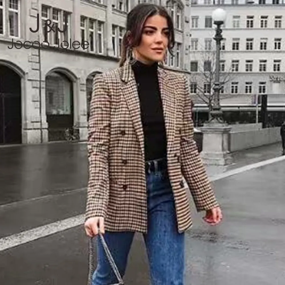 

Jocoo Jolee Fashion Double Breasted Plaid Blazer Female Long Sleeve Office Ladies Blazer 2019 Summer Jacket Women Outwear Coats