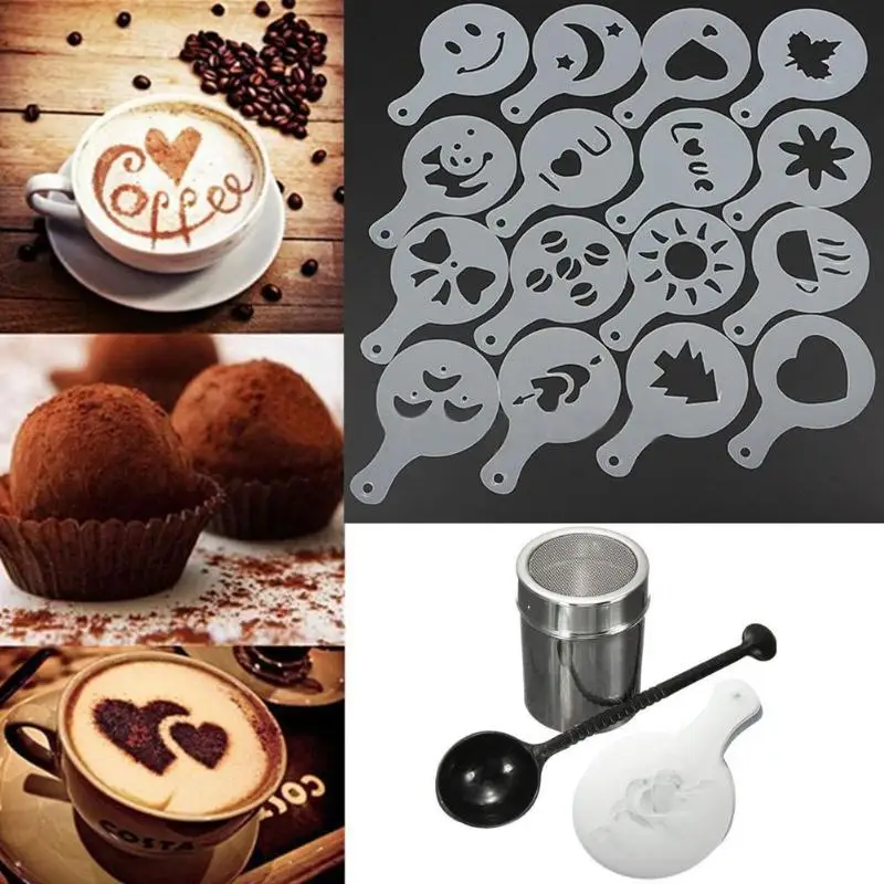 

Tea Coffe Frothing Tool Set Coffee Shaker Chocolate Duster 16pcs Frothing Milk Stencils For Cappuccino Latte Measure Spoon