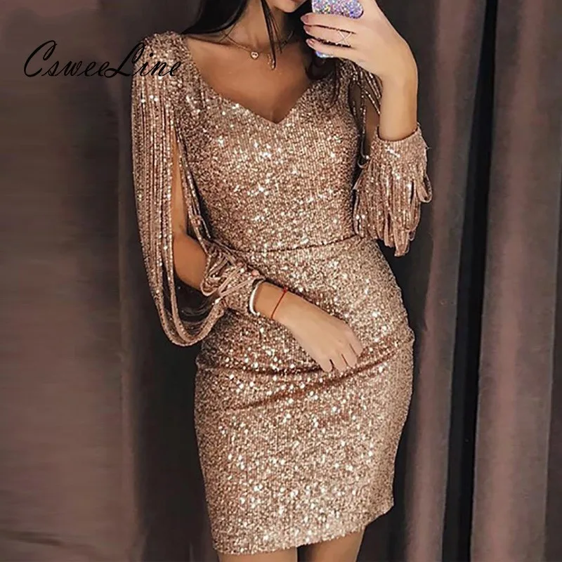 

Glitter Tassel Sequin Slit Sleeve Women Bodycon Party Dress Luxury Gold Silver Black Sparkle Sequin Hollow Out Sexy Club Dresses