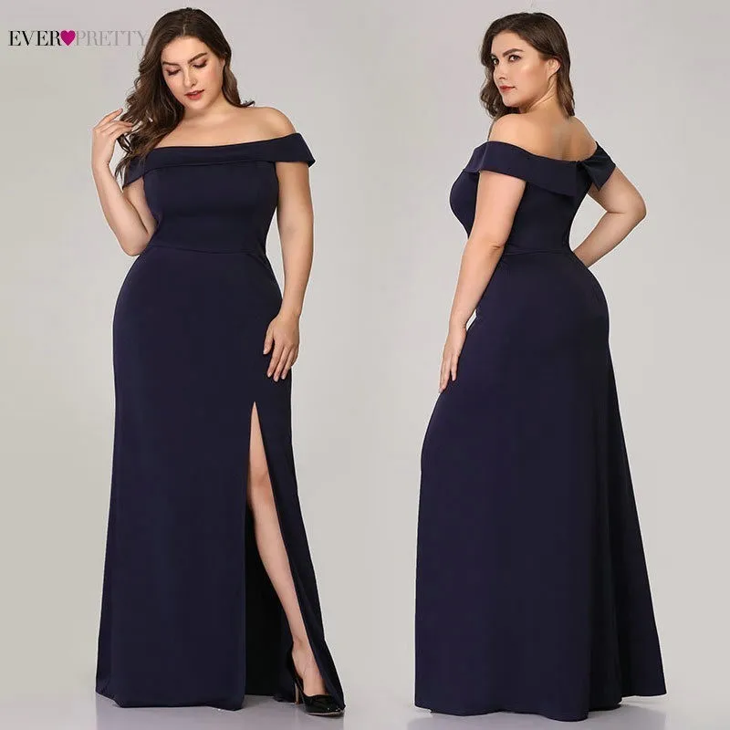 

Plus Size Mermaid Prom Dresses Ever Pretty High Split Boat Neck Off the Shoulder Sexy Navy Blue Long Prom Dresses for Party 2019