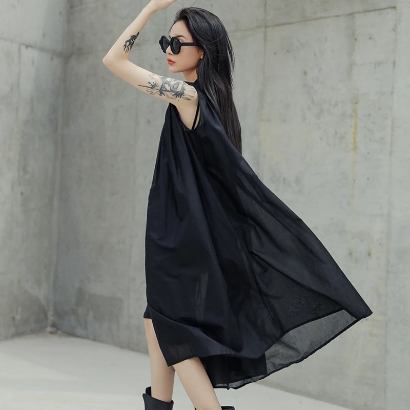 [EAM] Новое весенне-летнее черное свободное тонкое платье без рукавов со стоячим воротником большого размера Женская мода JU444