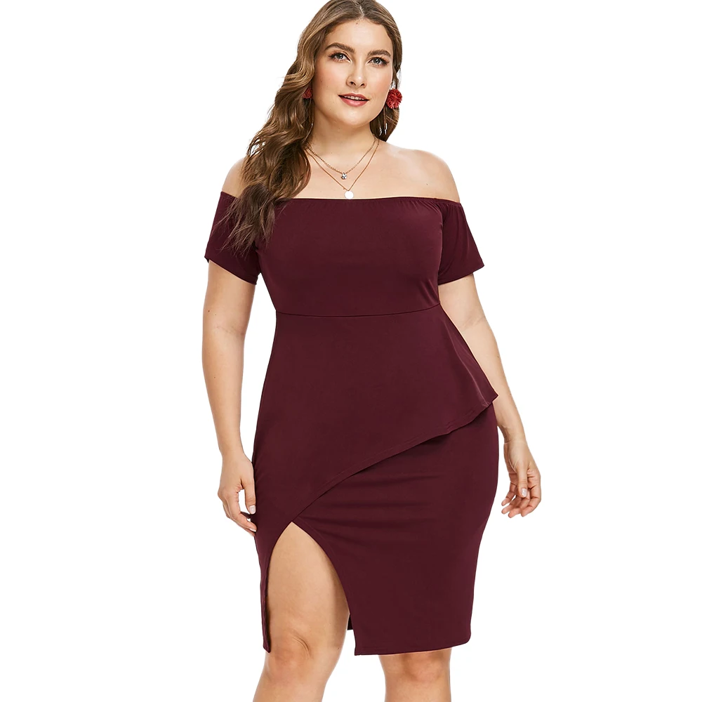 

Sexy Off Shoulder Evening Party Dress Plus Size Women High Slit Peplum Bodycon Dress Summer Short Sleeve Office Lady Mini Dress