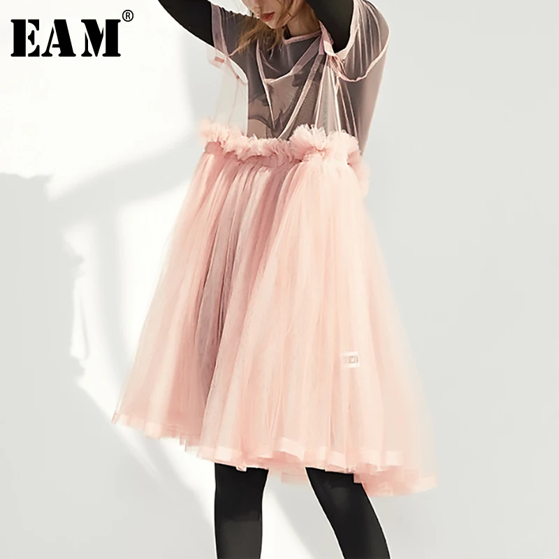 

[EAM] 2019 New Spring Summer Round Neck Short Sleeve Mesh Split Joint Perspective Temperament Dress Women Fashion Tide JS663