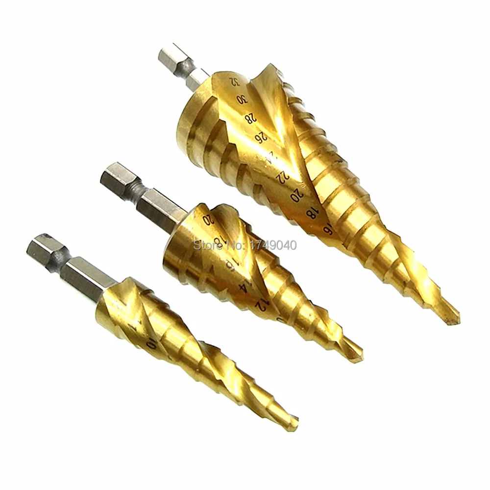 3pc Step Drill Bit Set HSS Titanium Coated Spiral Grooved Industrial