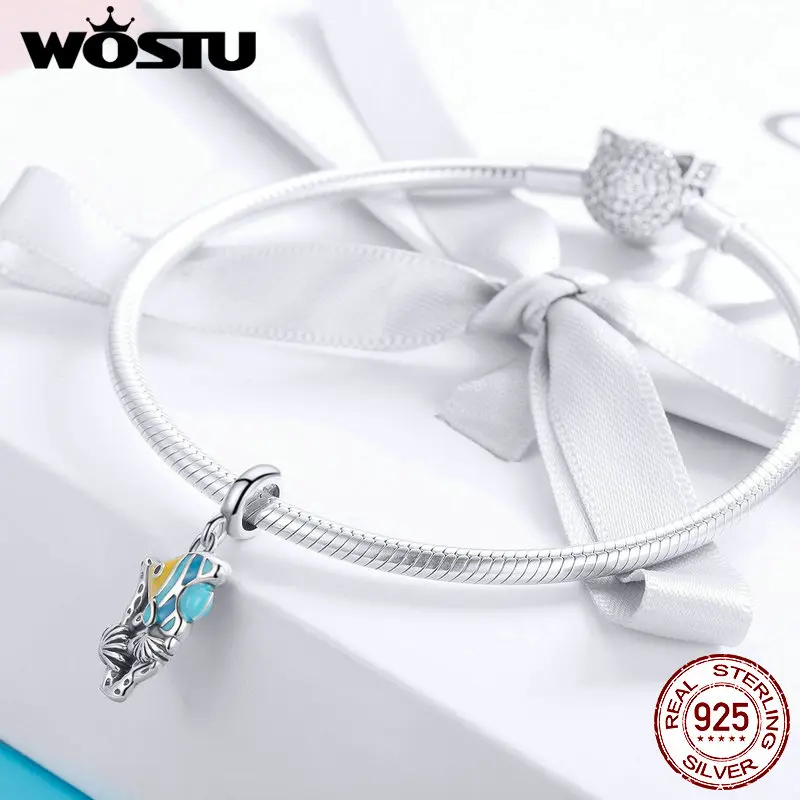 WOSTU 100% 925 Sterling Silver Ocean Fish Dangle Charms Fit Beads Bracelet & Necklace Pendant Elegant Unique Jewelry Gift CQC959