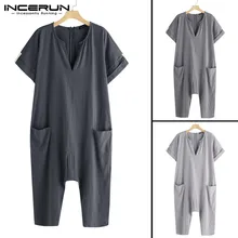 Ethnic Islamic Rompers Mens Jumpers Fashion Jumpsuits V Neck Muslim Islamic Kaftan Overalls Working Pockets Trouser Coveralls