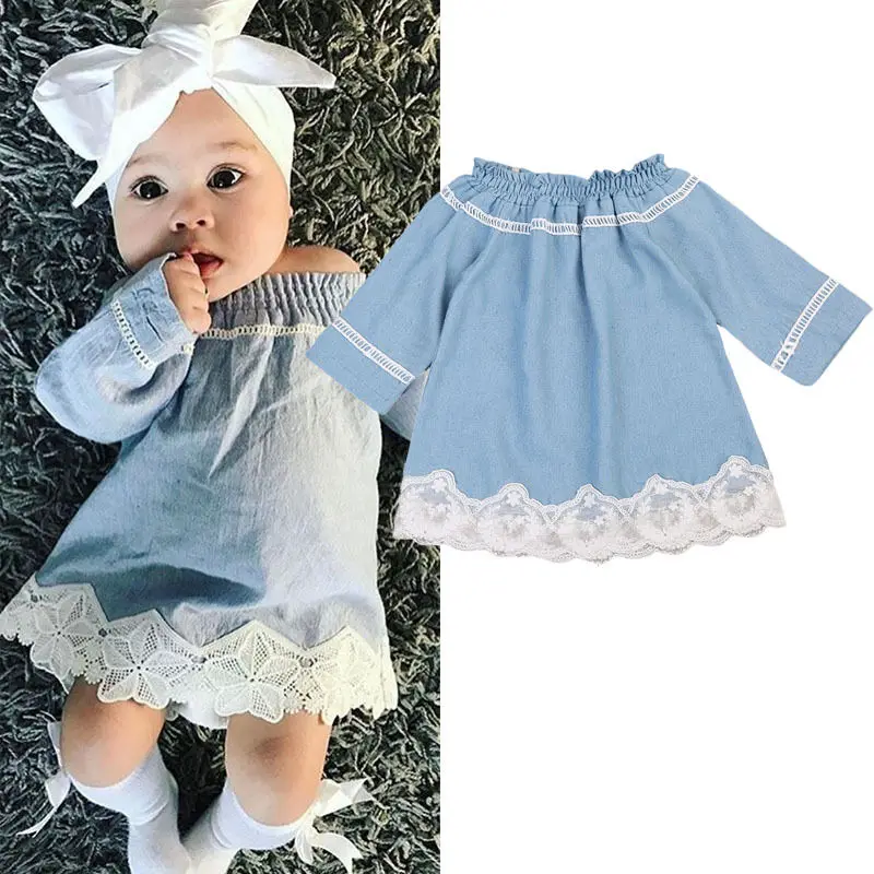 

Off the Shoulder Lace Decor Long sleeve Denim Dress For Girls
