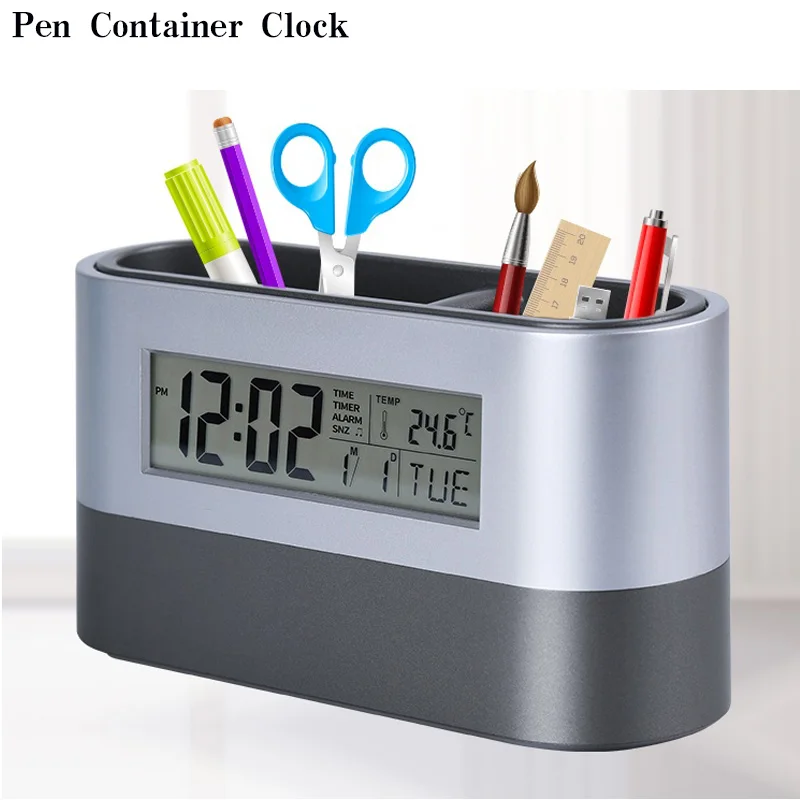 

Multi-function Office Desktop Storage Pen Holder Tools Container with Digital Alarm Clock Timer Calendar Temperature display