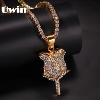 

UWIN Iced Rose Flower Pendant Necklace Gold Color Full Iced Rhinestones Fashion Jewelry With 3mm CZ Tennis Chains Romantic Gifts